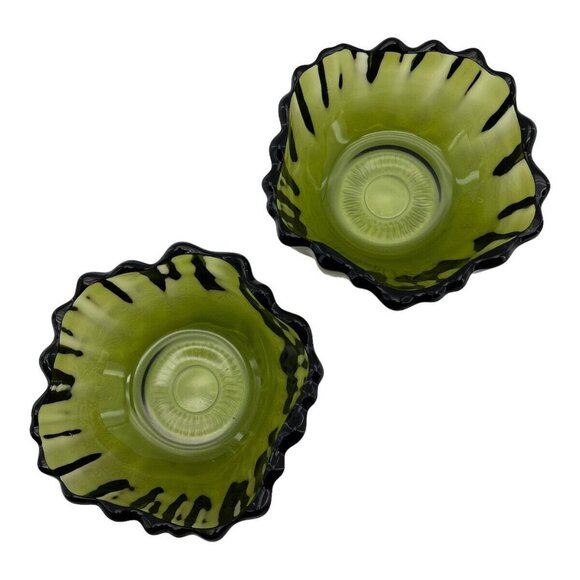 Vintage MCM Indian Glass Footed Bowls Footed Avacado Green Sunflower Scalloped - Picture 6 of 13